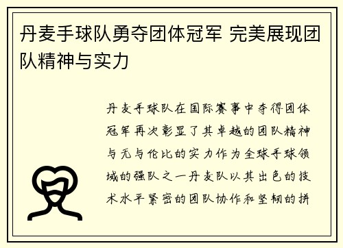 丹麦手球队勇夺团体冠军 完美展现团队精神与实力