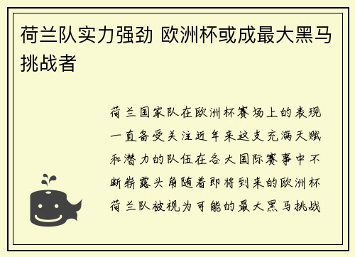 荷兰队实力强劲 欧洲杯或成最大黑马挑战者