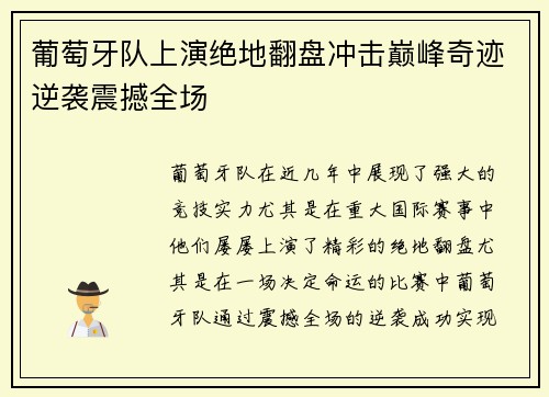葡萄牙队上演绝地翻盘冲击巅峰奇迹逆袭震撼全场