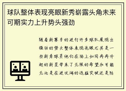 球队整体表现亮眼新秀崭露头角未来可期实力上升势头强劲